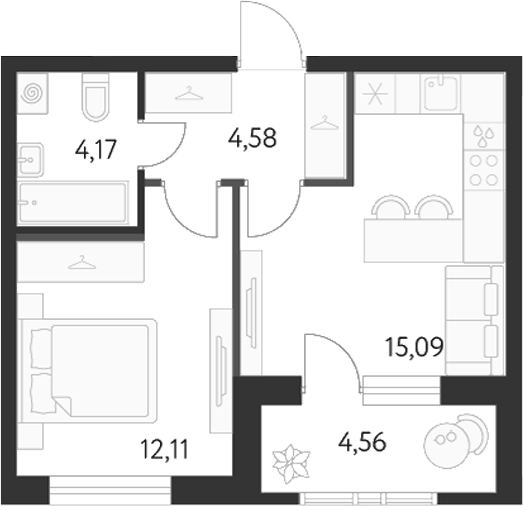 Планировка 2Е-к.кв, 38,2 м² в ЖК Первый Академ