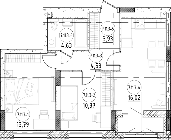 Планировка 3Е-к, 55 м² в ЖК Первый Академ