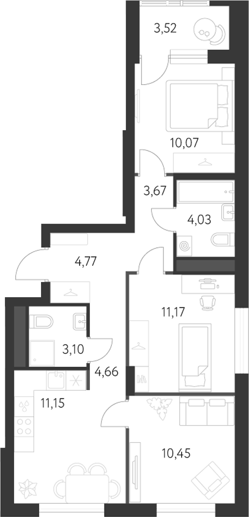 Планировка 3-к, 64,8 м² в ЖК Первый Академ