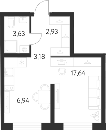 Планировка Студия, 34,32 м² в ЖК Первый Академ