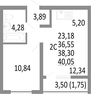 Планировка 2-к.кв, 38,3 м² в ЖК Притяжение