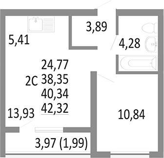 Планировка 2-к.кв, 40,34 м² в ЖК Притяжение