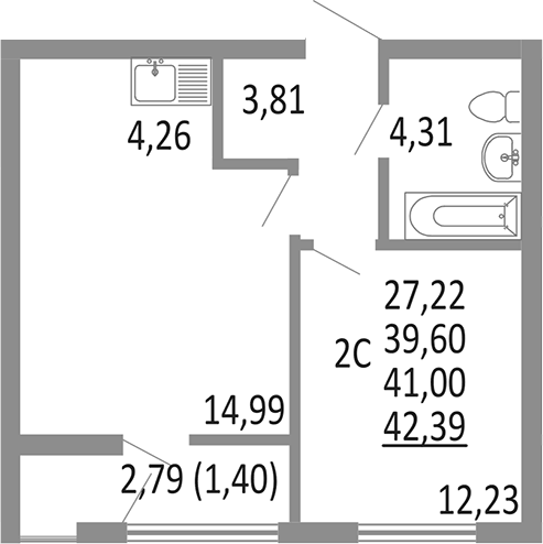 Планировка 2-к.кв, 41 м² в ЖК Притяжение