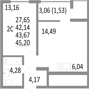 Планировка 2-к.кв, 43,67 м² в ЖК Притяжение