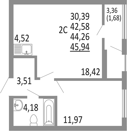 Планировка 2-к.кв, 44,26 м² в ЖК Притяжение
