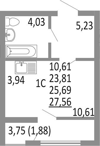 Планировка Студия, 25,69 м² в ЖК Притяжение