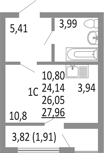 Планировка Студия, 26,05 м² в ЖК Притяжение
