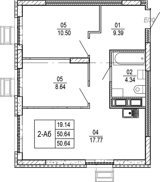 Планировка 3Е-к, 50,64 м² в ЖК Прогресс Академический