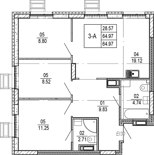Планировка 4Е-к, 64,97 м² в ЖК Прогресс Академический