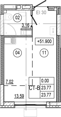 Планировка Студия, 23,77 м² в ЖК Прогресс Академический