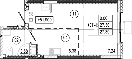 Планировка Студия, 27,3 м² в ЖК Прогресс Академический