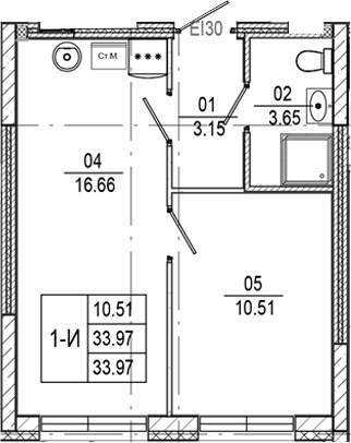 Планировка 2Е-к.кв, 33,97 м² в ЖК Прогресс Встречный