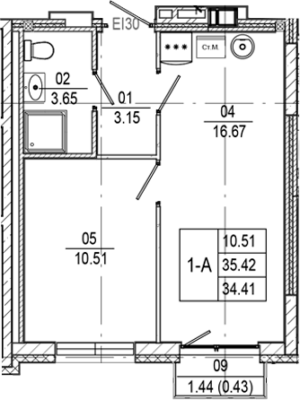 Планировка 2Е-к.кв, 34,41 м² в ЖК Прогресс Встречный