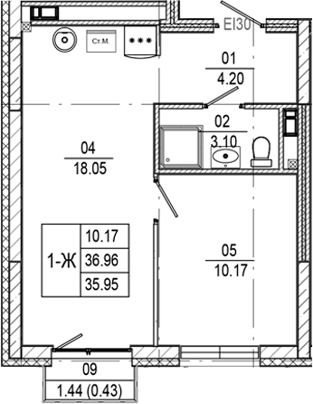 Планировка 2Е-к.кв, 35,95 м² в ЖК Прогресс Встречный