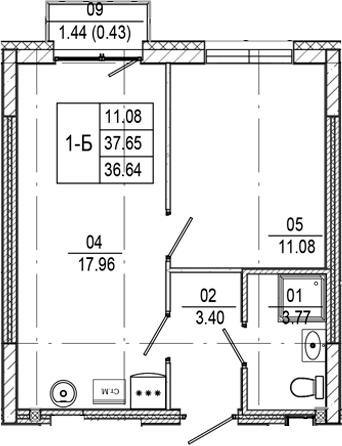 Планировка 2Е-к.кв, 36,64 м² в ЖК Прогресс Встречный