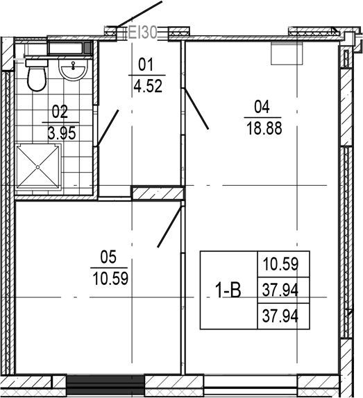 Планировка 2Е-к.кв, 37,94 м² в ЖК Прогресс Встречный