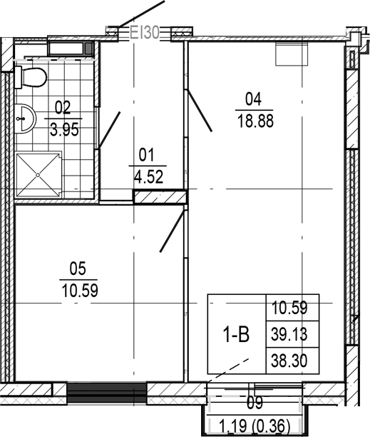 Планировка 2Е-к.кв, 38,3 м² в ЖК Прогресс Встречный