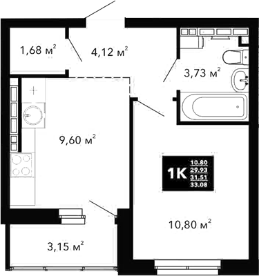 Планировка 1-к.кв, 31,51 м² в ЖК Радиостанция