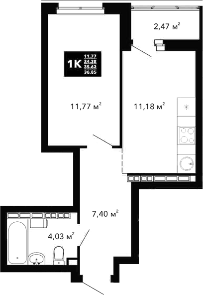 Планировка 1-к.кв, 35,62 м² в ЖК Радиостанция