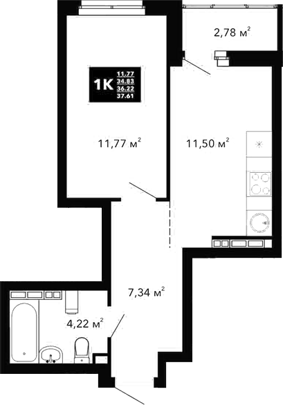 Планировка 1-к.кв, 36,22 м² в ЖК Радиостанция