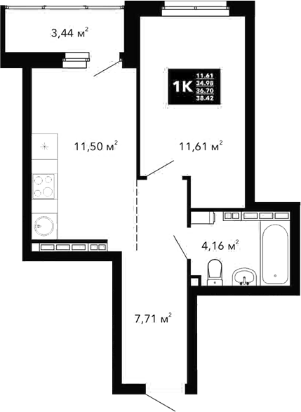 Планировка 1-к.кв, 36,7 м² в ЖК Радиостанция