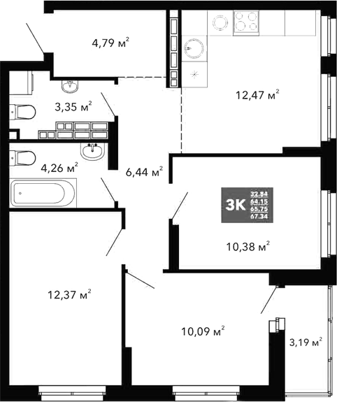 Планировка 3-к, 65,75 м² в ЖК Радиостанция