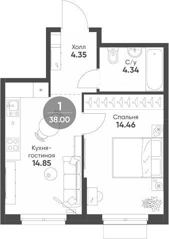 Планировка 1-к.кв, 38 м² в ЖК Раута