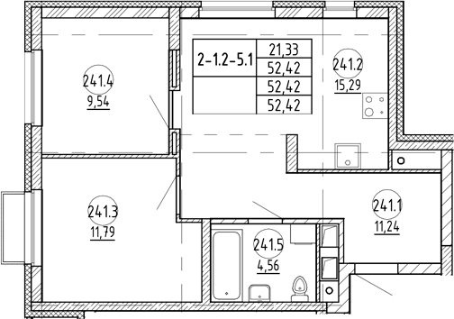 Планировка 3Е-к, 52,42 м² в ЖК Раута