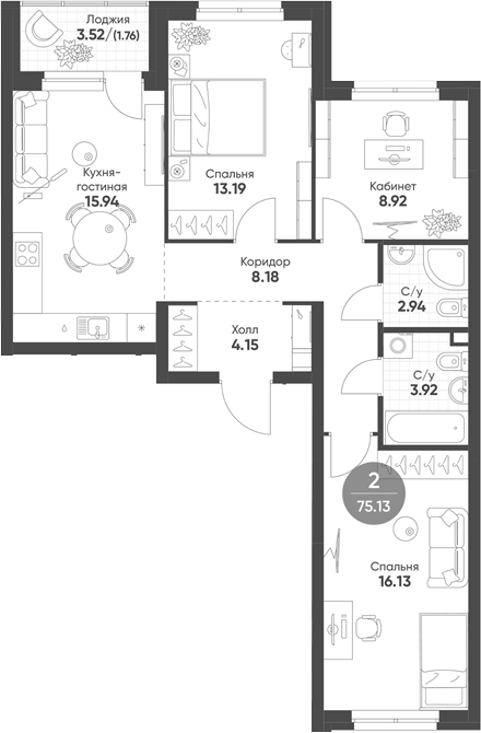 Планировка 3-к, 75,13 м² в ЖК Раута