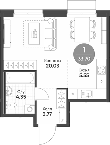 Планировка Студия, 33,7 м² в ЖК Раута