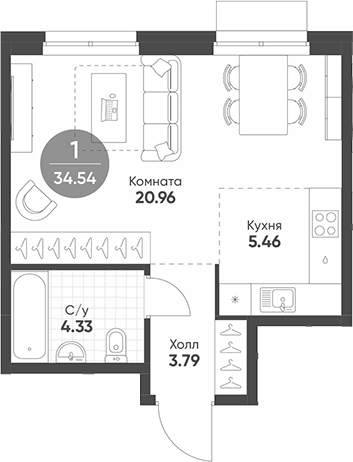 Планировка Студия, 34,54 м² в ЖК Раута