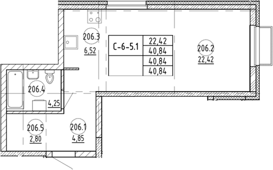 Планировка Студия, 40,84 м² в ЖК Раута