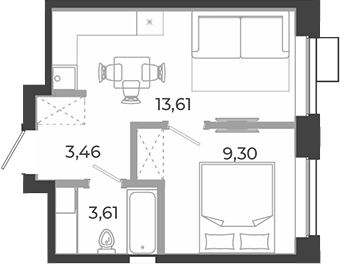 Планировка 1-к.кв, 29,99 м² в ЖК РАЗУМ на Курчатова
