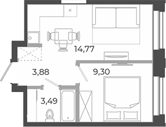 Планировка 1-к.кв, 31,44 м² в ЖК РАЗУМ на Курчатова