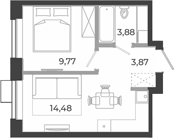 Планировка 1-к.кв, 32 м² в ЖК РАЗУМ на Курчатова