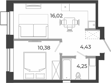 Планировка 1-к.кв, 35,08 м² в ЖК РАЗУМ на Курчатова