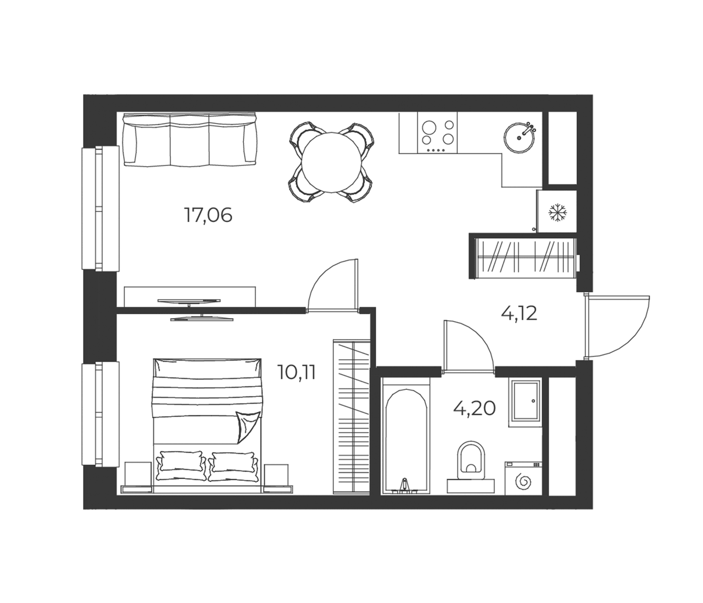 Планировка 2Е-к.кв, 35,49 м² в ЖК РАЗУМ на Малышева