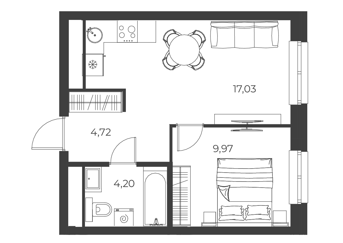 Планировка 2Е-к.кв, 35,92 м² в ЖК РАЗУМ на Малышева