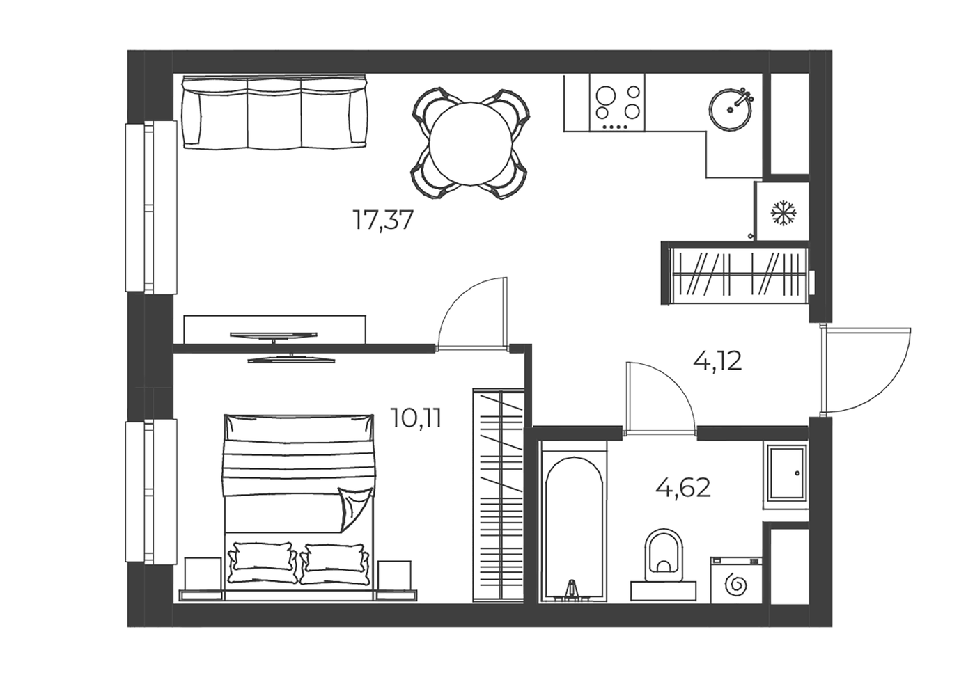 Планировка 2Е-к.кв, 36,22 м² в ЖК РАЗУМ на Малышева