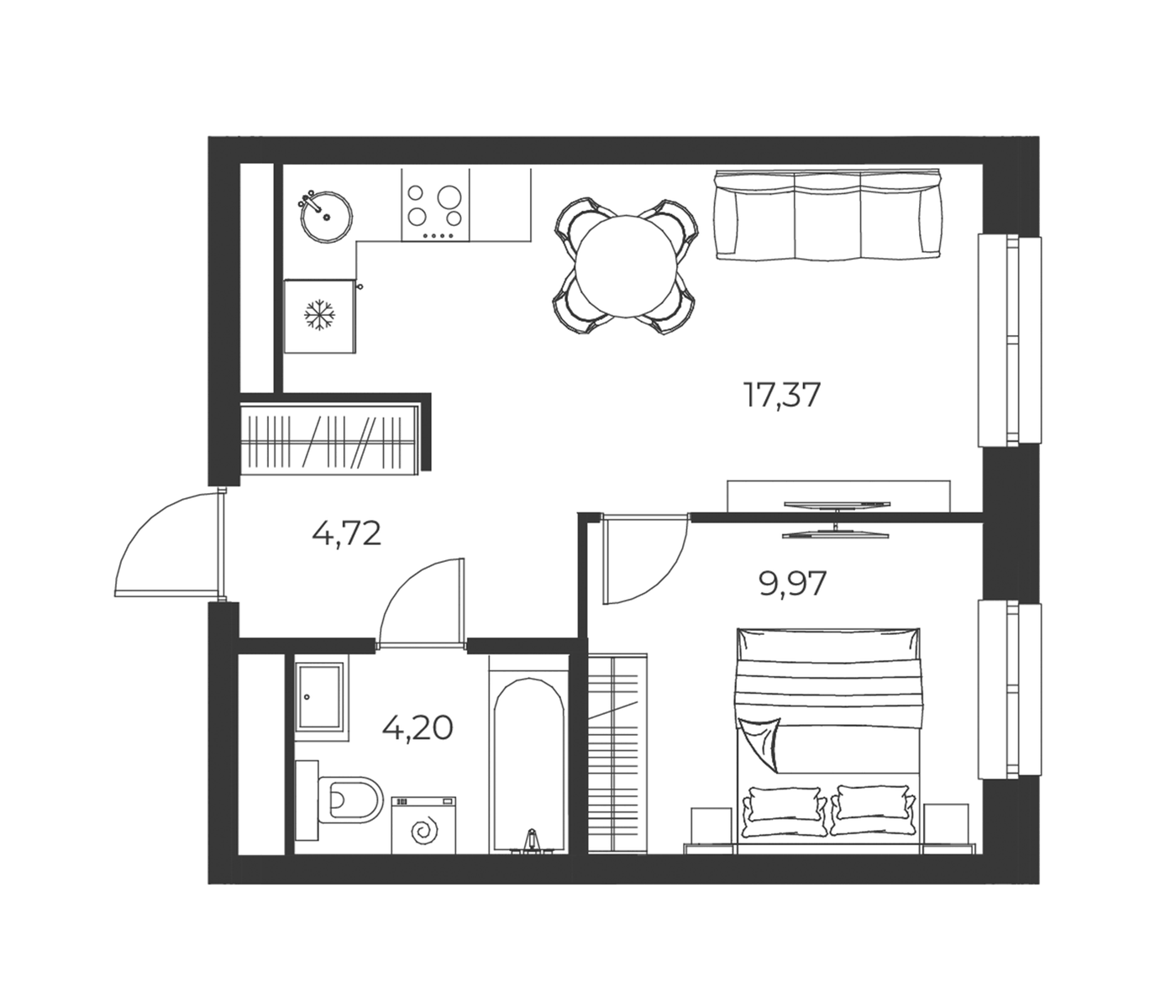 Планировка 2Е-к.кв, 36,26 м² в ЖК РАЗУМ на Малышева