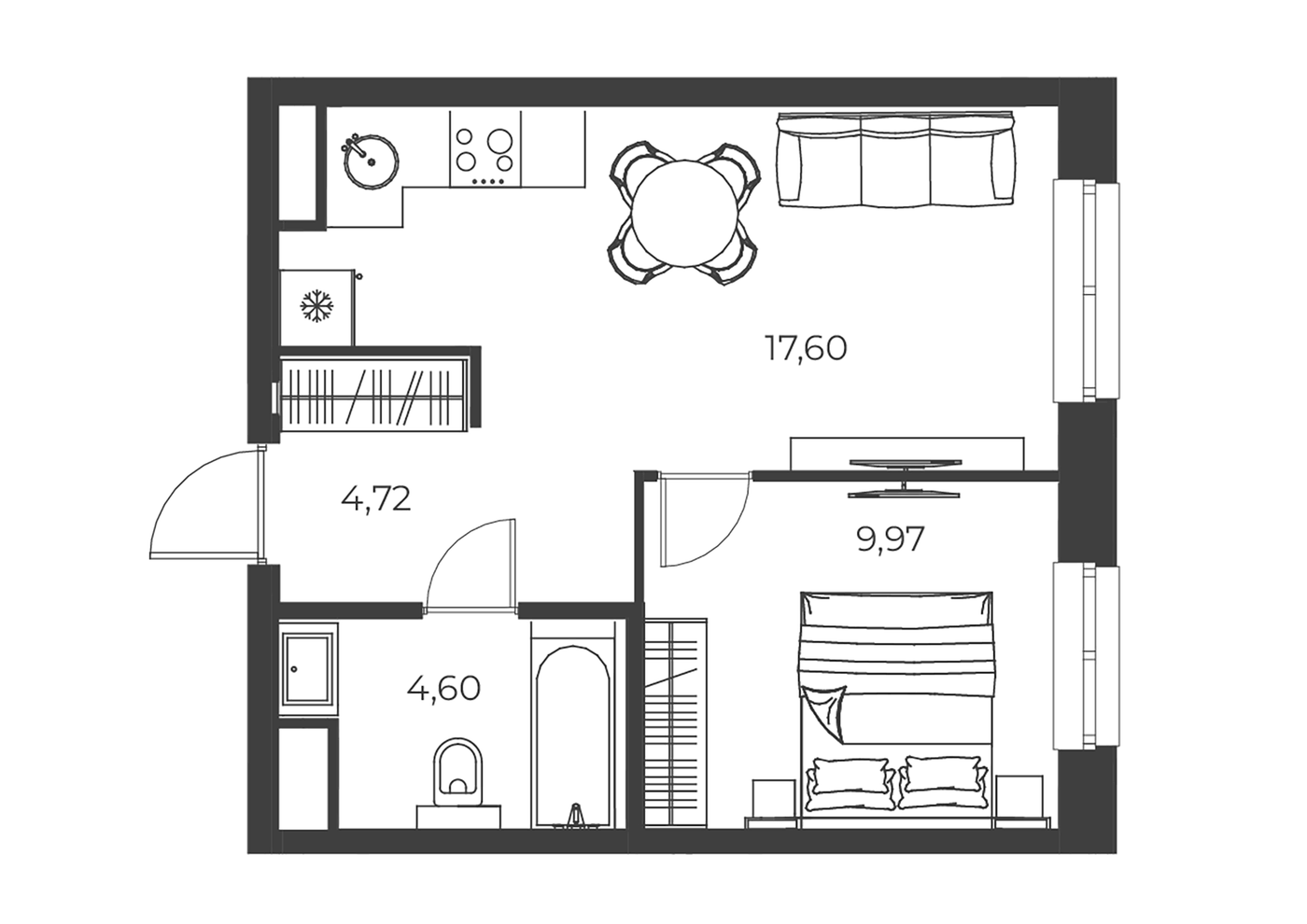 Планировка 2Е-к.кв, 36,89 м² в ЖК РАЗУМ на Малышева