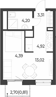 Планировка Студия, 32,54 м² в ЖК РАЗУМ на Малышева