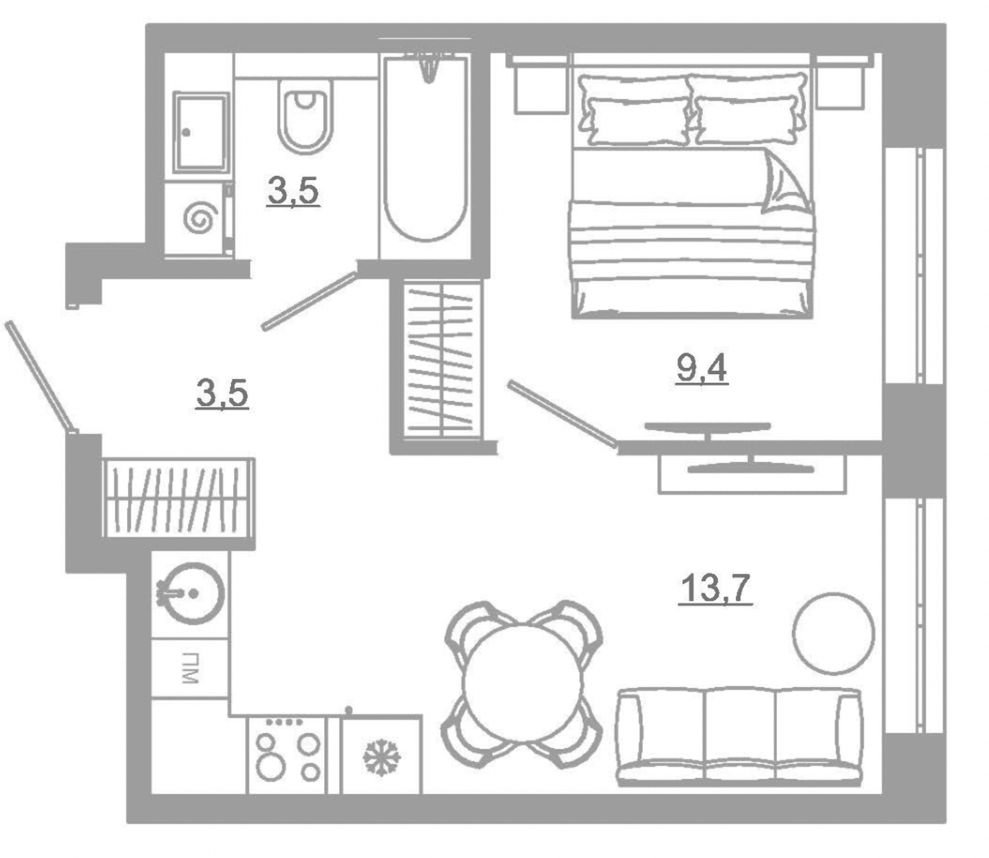 Планировка 1-к.кв, 31.6 м² в ЖК РАЗУМ на Матвеева