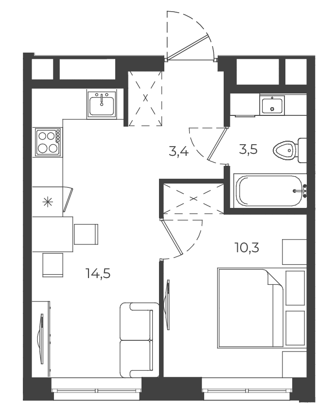 Планировка 1-к.кв, 31.7 м² в ЖК РАЗУМ на Матвеева