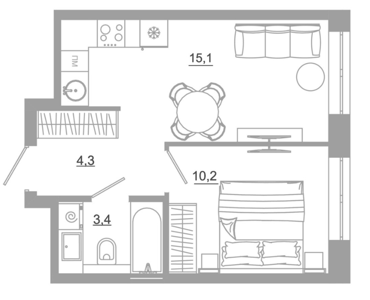 Планировка 1-к.кв, 33 м² в ЖК РАЗУМ на Матвеева