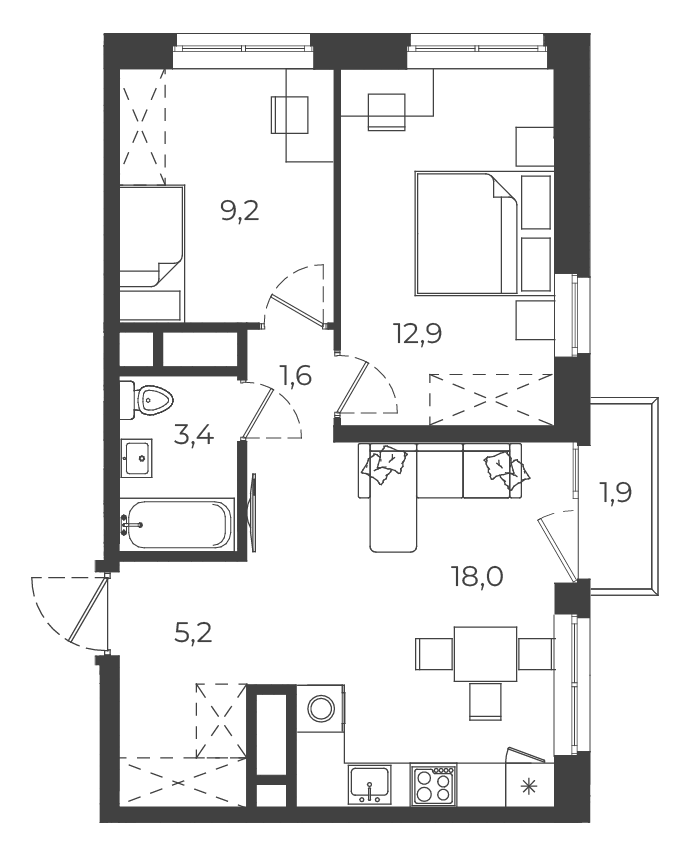 Планировка двухкомнатной квартиры 52,2 м² в ЖК РАЗУМ на Матвеева, Екатеринбург: две спальни с дверями, кухня-гостиная 18 м² с балконом