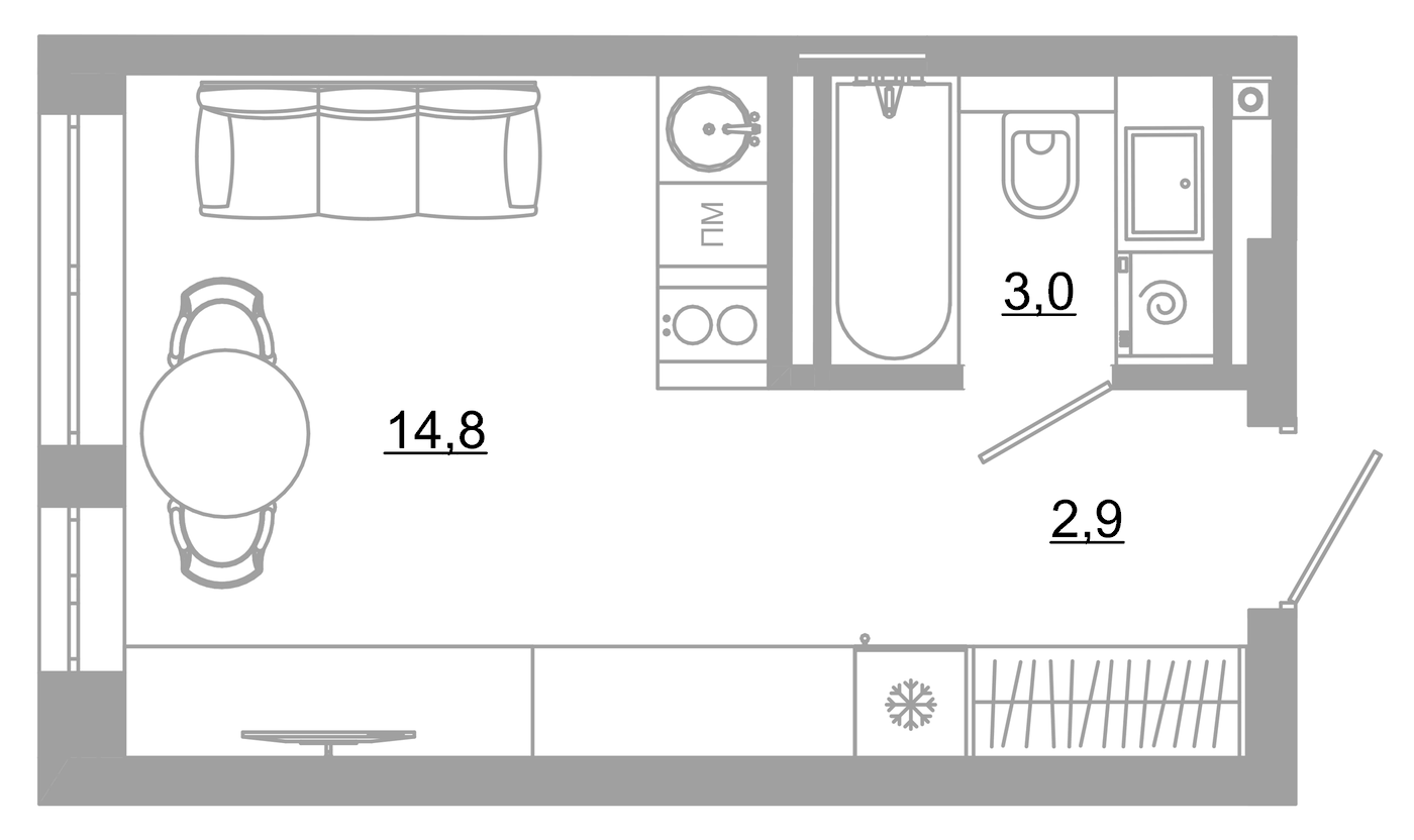 Планировка Студия, 20.7 м² в ЖК РАЗУМ на Матвеева
