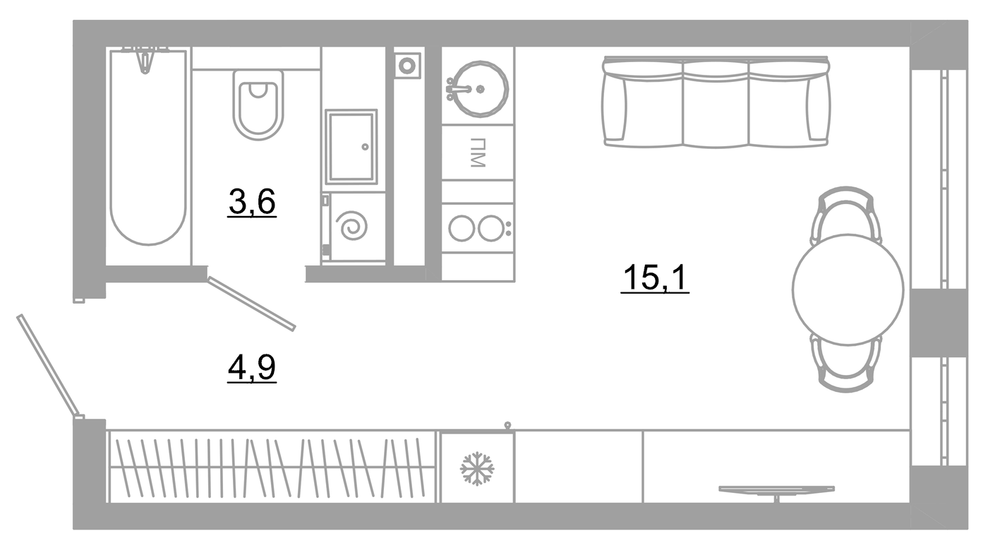 Планировка Студия, 23.6 м² в ЖК РАЗУМ на Матвеева