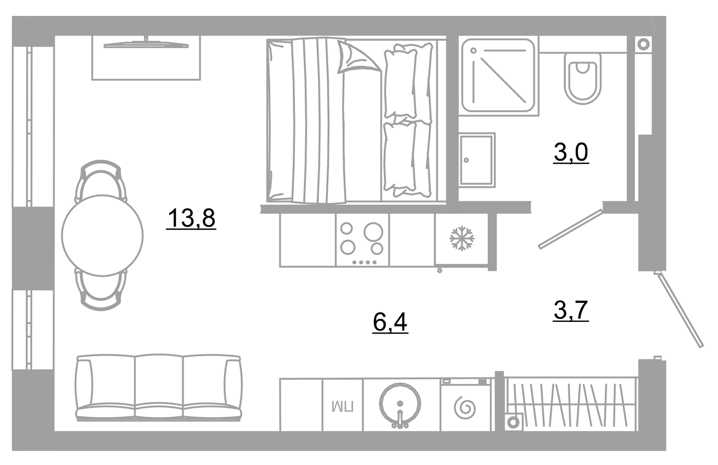Планировка Студия, 26.9 м² в ЖК РАЗУМ на Матвеева