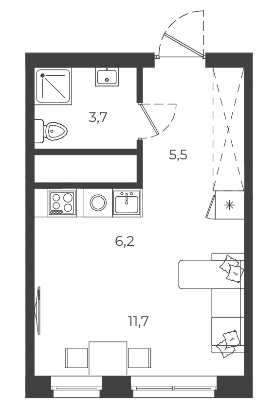 Планировка Студия, 27.1 м² в ЖК РАЗУМ на Матвеева
